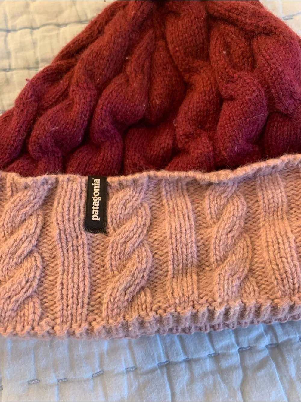 Patagonia Two-Tone Pom Beanie - Burgundy & Pink